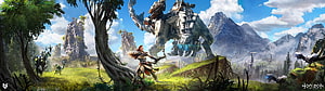 Horizon Zero Dawn Aloy Confronting Massive Machine in Lush Wilderness HD wallpaper