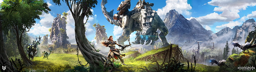 Horizon Zero Dawn Aloy Confronting Massive Machine in Lush Wilderness HD wallpaper