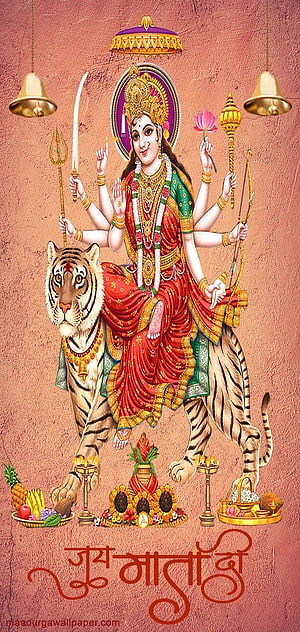 Maa Durga riding a tiger with multiple arms holding sacred weapons and lotus in traditional Indian art HD phone wallpaper
