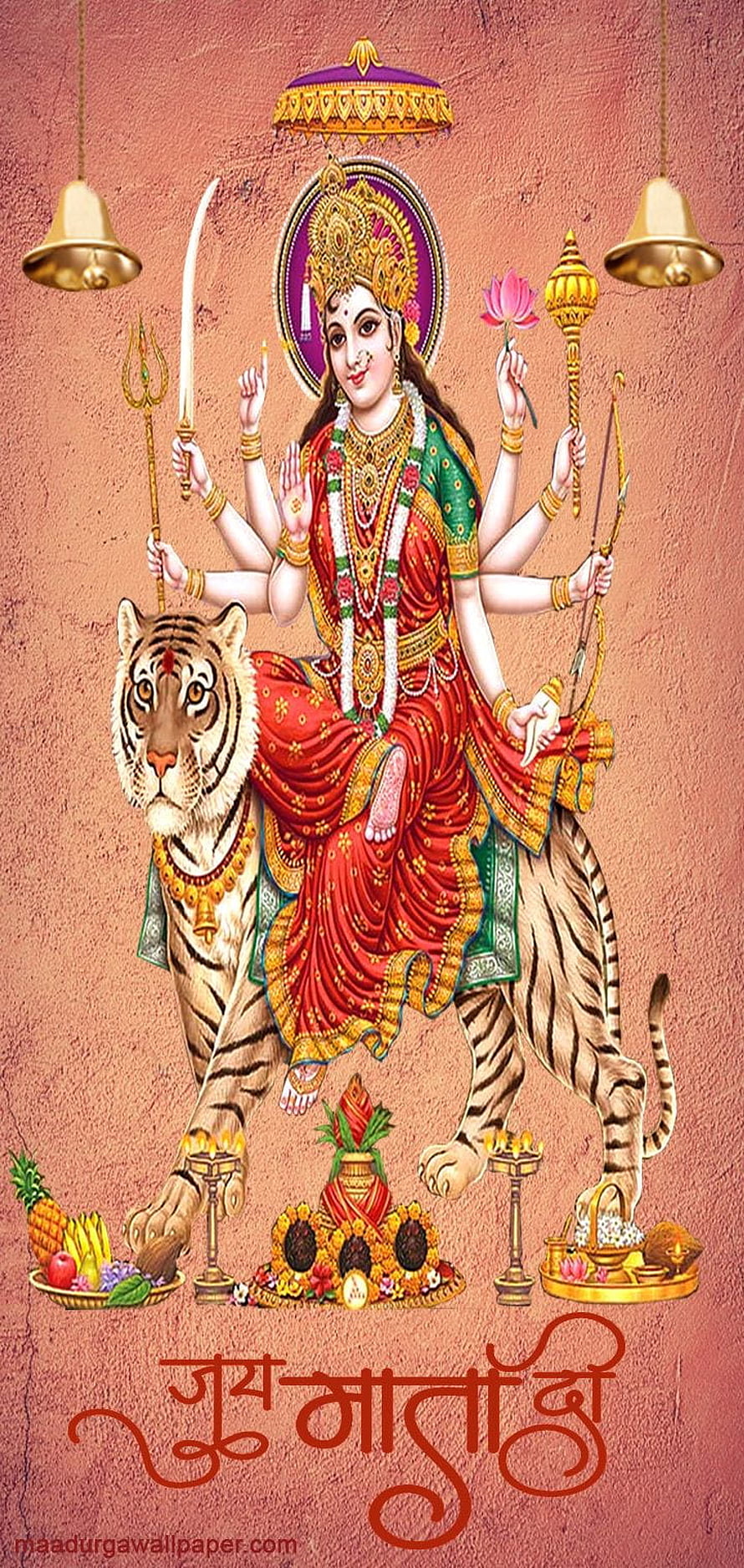 Maa Durga riding a tiger with multiple arms holding sacred weapons and lotus in traditional Indian art HD phone wallpaper