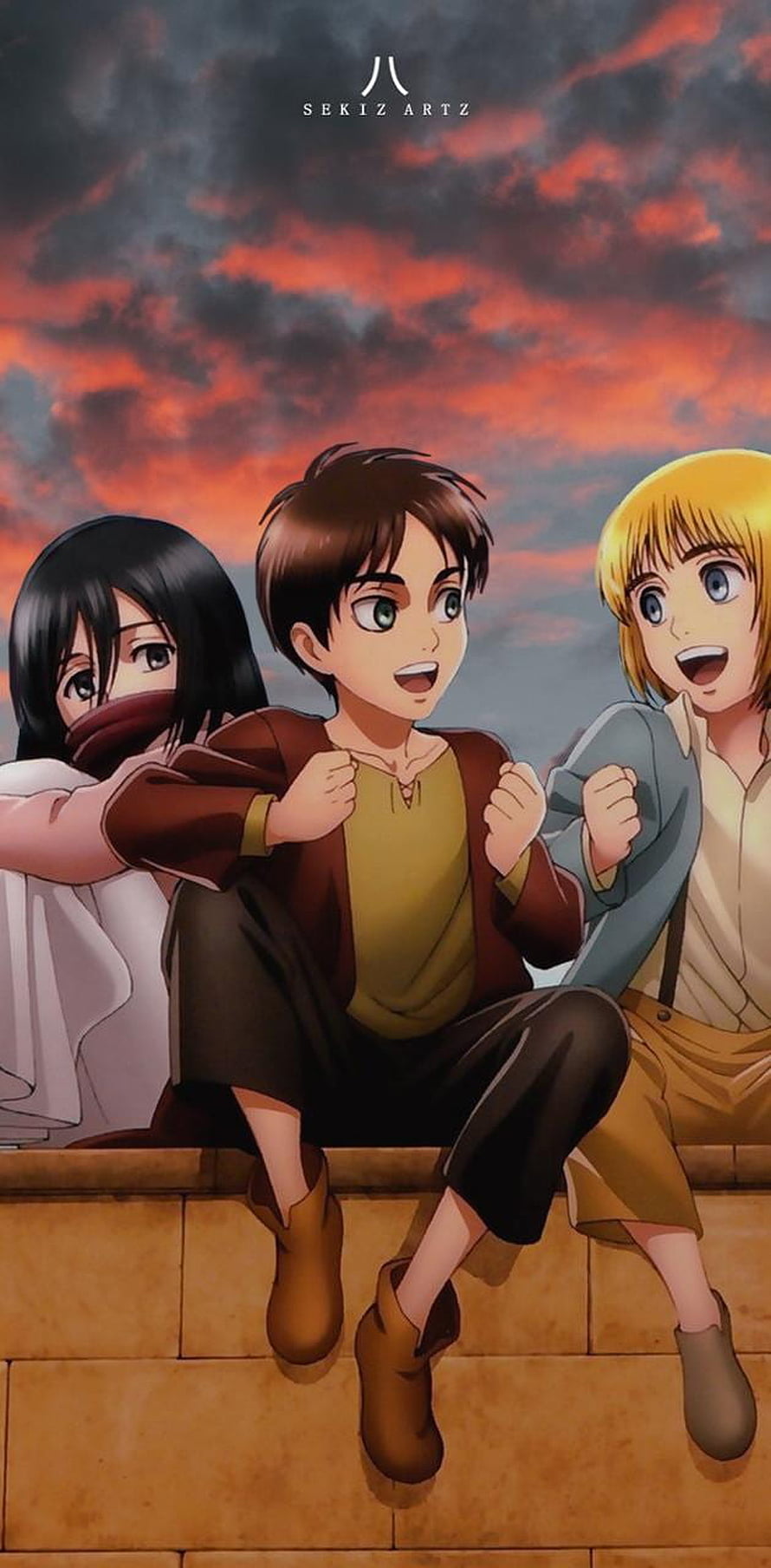 Attack on Titan Eren Mikasa and Armin Sitting on Wall at Sunset HD phone wallpaper
