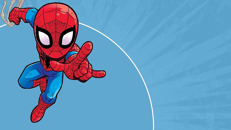 Chibi Spider-Man Swinging Through Blue Sky Comic Illustration HD wallpaper