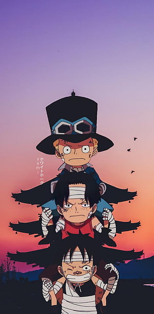 One Piece Luffy Ace and Sabo Stacked Portrait at Sunset HD phone wallpaper