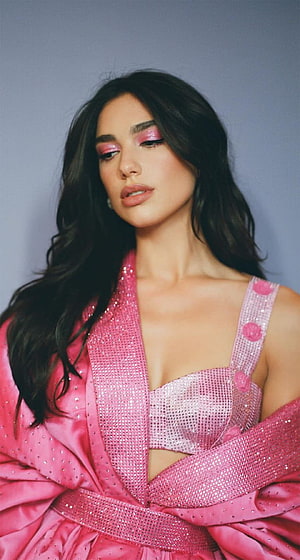 Dua Lipa in Sparkling Pink Rhinestone Outfit with Dramatic Eye Makeup HD phone wallpaper