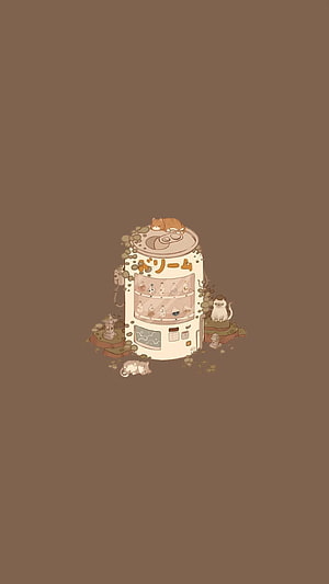 Cute Cat Vending Machine Illustration with Cozy Brown Aesthetic and Sleeping Kittens HD phone wallpaper