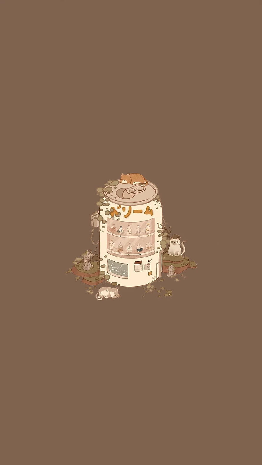 Cute Cat Vending Machine Illustration with Cozy Brown Aesthetic and Sleeping Kittens HD phone wallpaper