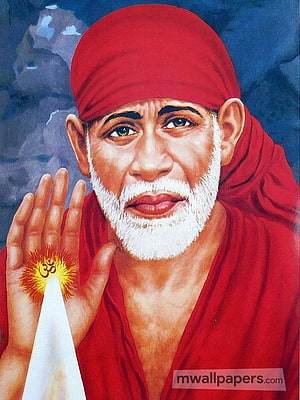 Sai Baba Portrait Painting in Red Turban with Om Symbol on Palm HD phone wallpaper