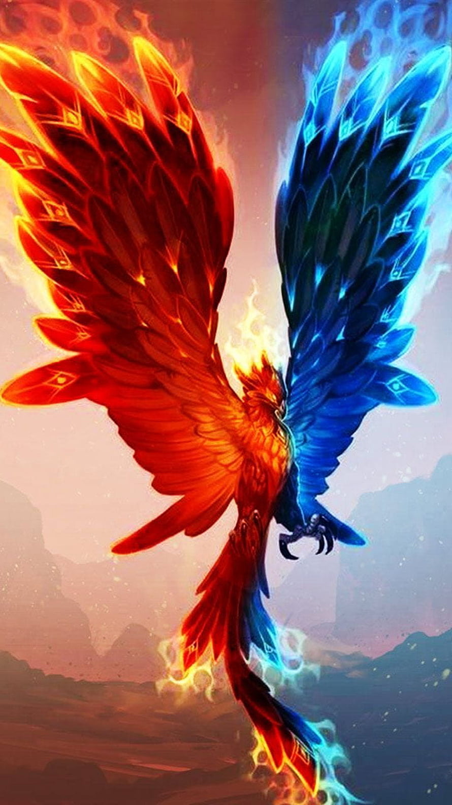 Dual Element Phoenix With Fire And Ice Wings In Fantasy Digital Art HD phone wallpaper