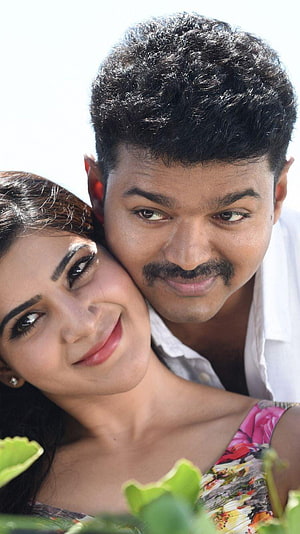 Vijay and Samantha Vijay Theri Romantic Portrait with Green Foliage HD phone wallpaper