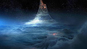 Halo Ringworld Arcology Tower Rising Above Clouds in Starry Night Sky HD wallpaper