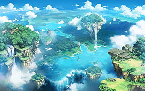 Floating Islands and Waterfalls in a Vibrant Anime Fantasy Landscape HD wallpaper