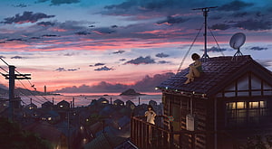 Anime Girl Sitting on Rooftop at Sunset Over Coastal Town HD wallpaper