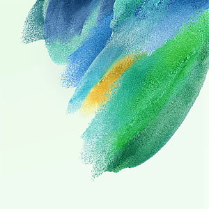 Abstract watercolor brush strokes in blue, green, and gold on a pale background HD phone wallpaper