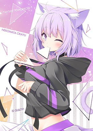 Nekomata Okayu Anime Character Eating Sandwich in Black Hoodie HD phone wallpaper