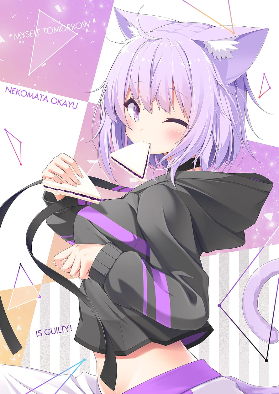 Nekomata Okayu Anime Character Eating Sandwich in Black Hoodie HD phone wallpaper