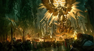 Warhammer 40,000 Imperial Throne Room with Radiant Angel Statue and Armored Warriors HD wallpaper