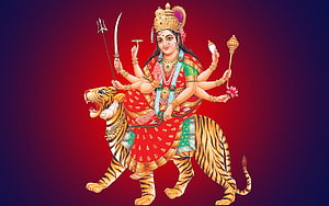 Maa Durga Riding a Tiger with Multiple Arms Holding Sacred Weapons and Symbols HD wallpaper