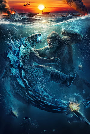 Godzilla and Kong battling underwater with naval fleet and sunset above the ocean surface HD phone wallpaper