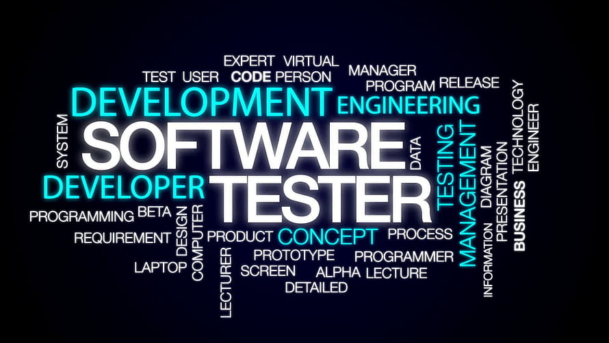 Software Development and Testing Word Cloud with Cyan and White Typography on Dark Background HD wallpaper