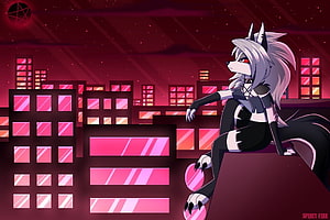 Loona from Helluva Boss Sitting on Rooftop Against Neon City Skyline HD wallpaper