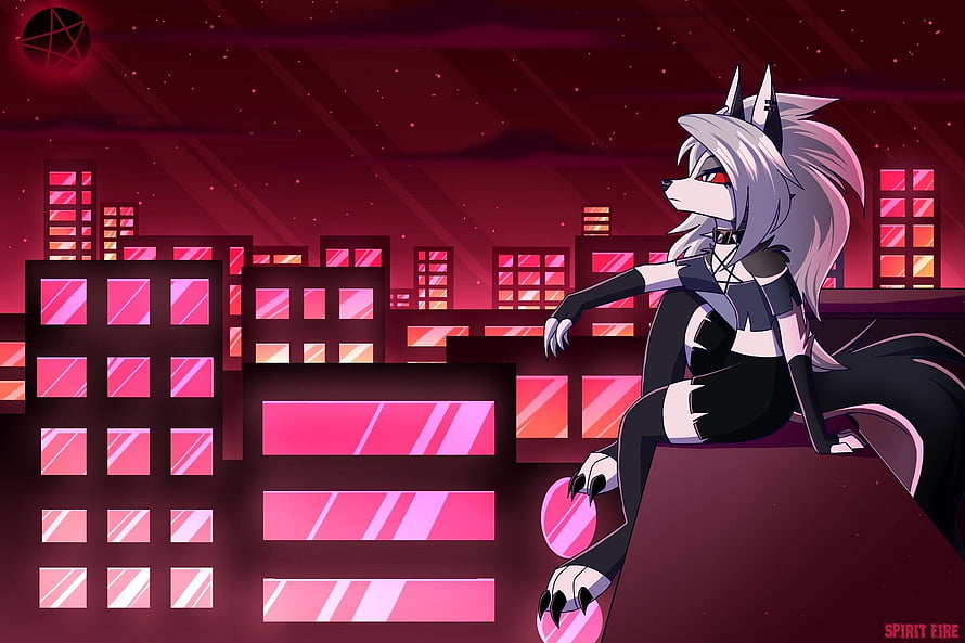 Loona from Helluva Boss Sitting on Rooftop Against Neon City Skyline HD wallpaper