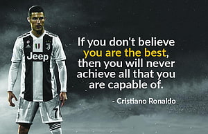 Cristiano Ronaldo in Juventus Kit with Motivational Quote on Dark Background HD wallpaper