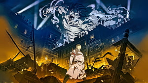 Attack on Titan Anime Scene: Soldier Confronting Colossal Titan Amidst Burning Ruins HD wallpaper