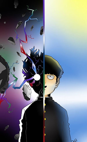 Mob Psycho 100 Character Split Portrait with Dark Energy and Rainbow Lightning HD phone wallpaper