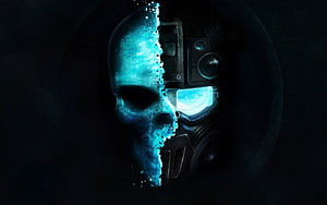 Cyberpunk Skull Split Between Bone and Mechanical Face with Glowing Blue Eye HD wallpaper