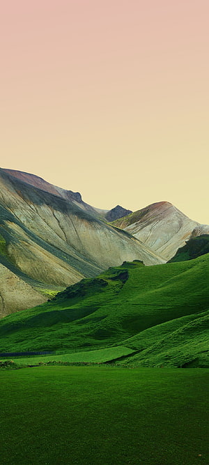 Lush Green Rolling Hills and Arid Mountain Slopes Under a Soft Pastel Sky HD phone wallpaper