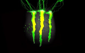 Glowing Green Monster Energy Claw Logo With Electric Lightning On Black Background HD wallpaper