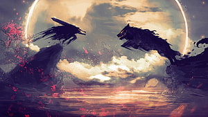 Berserk Warrior and Wolf Confrontation Under a Giant Moon HD wallpaper
