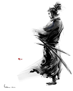 Miyamoto Musashi Samurai Ink Wash Painting with Dual Swords HD phone wallpaper