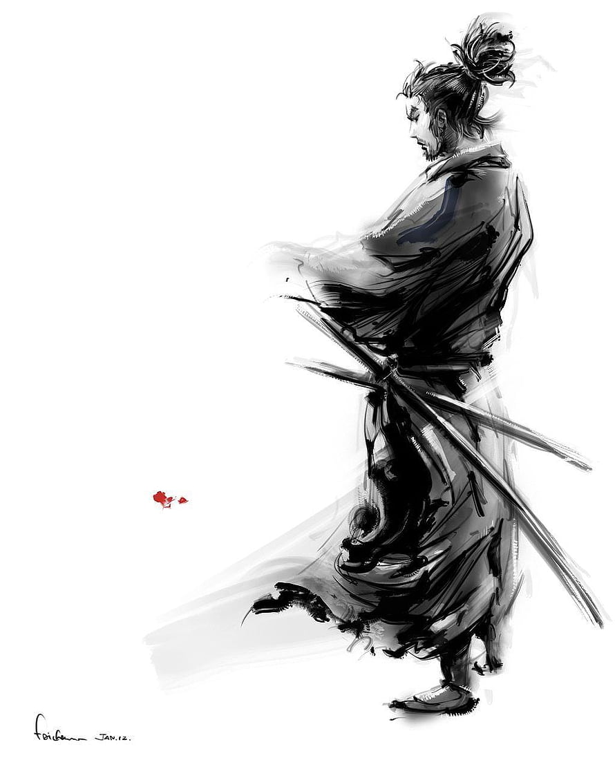 Miyamoto Musashi Samurai Ink Wash Painting with Dual Swords HD phone wallpaper