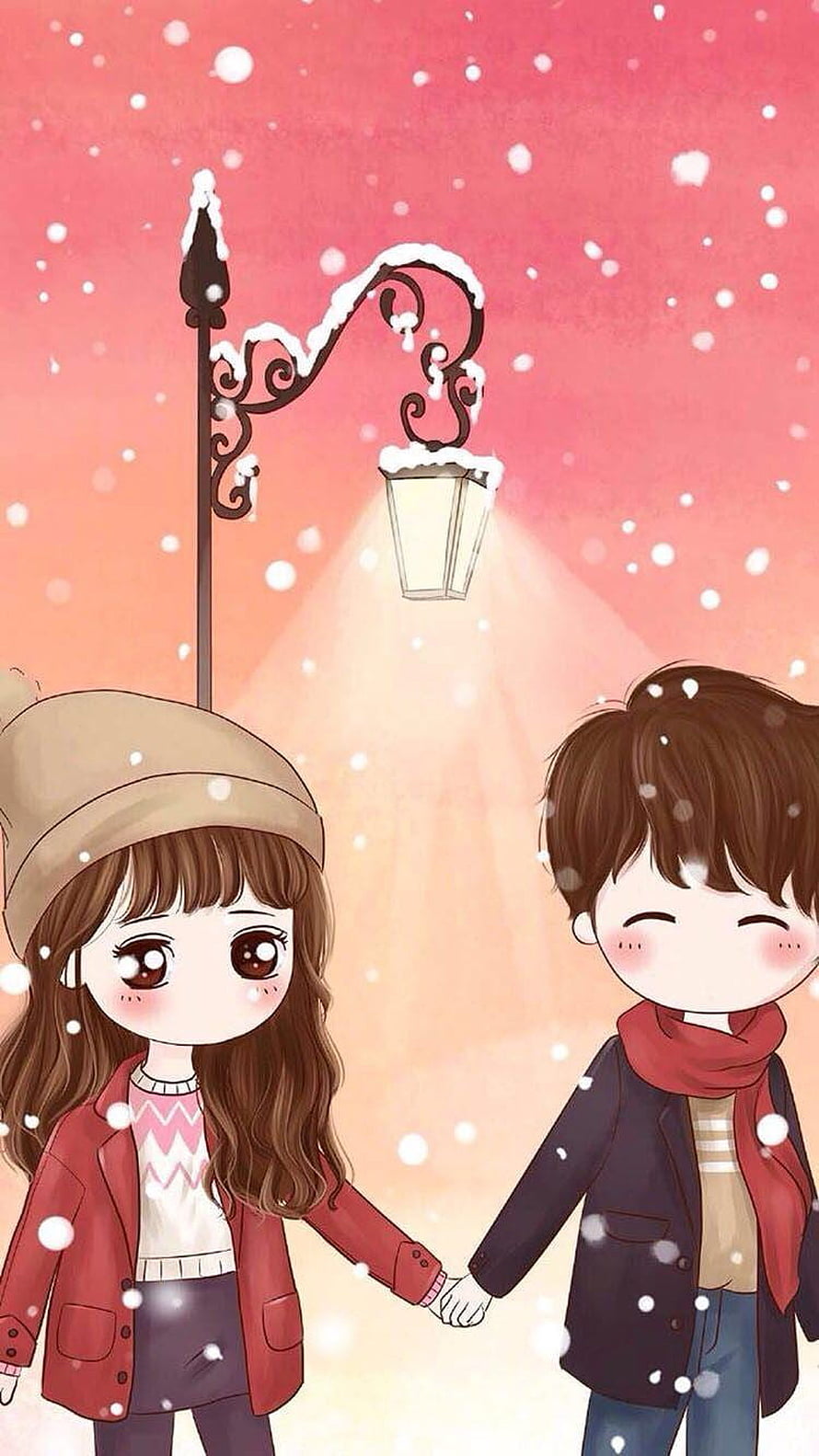 Cute Anime Couple Holding Hands Under Snowy Street Lamp in Winter HD phone wallpaper