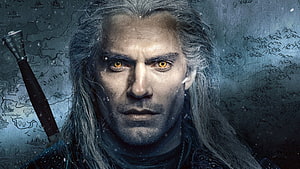 Geralt of Rivia from The Witcher Netflix Series with Sword and Fantasy Map Background HD wallpaper
