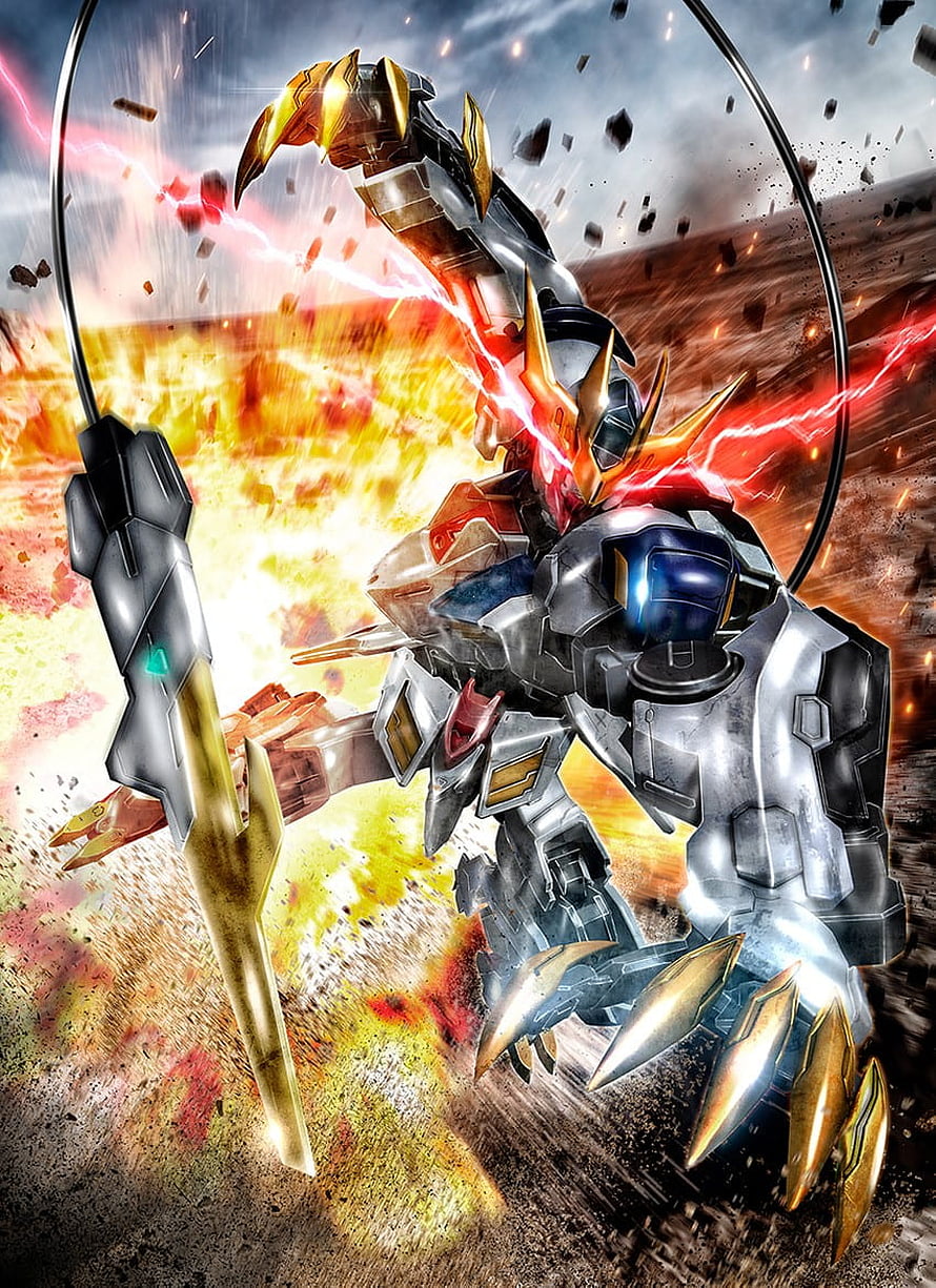 Gundam Barbatos Lupus Rex in Dynamic Combat with Lightning and Explosion HD phone wallpaper