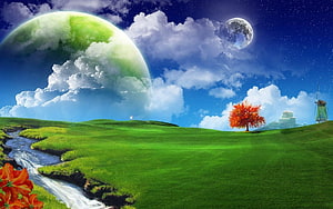 Surreal Fantasy Landscape with Green Planet, Autumn Tree, and Winding Stream HD wallpaper