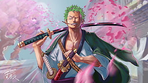 Roronoa Zoro in Wano Country with Three Swords and Cherry Blossoms HD wallpaper