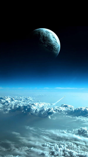 Dramatic view of a planet rising above a vast cloud layer with a distant rocket trail in deep space HD phone wallpaper