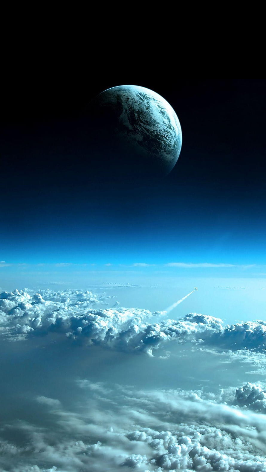Dramatic view of a planet rising above a vast cloud layer with a distant rocket trail in deep space HD phone wallpaper