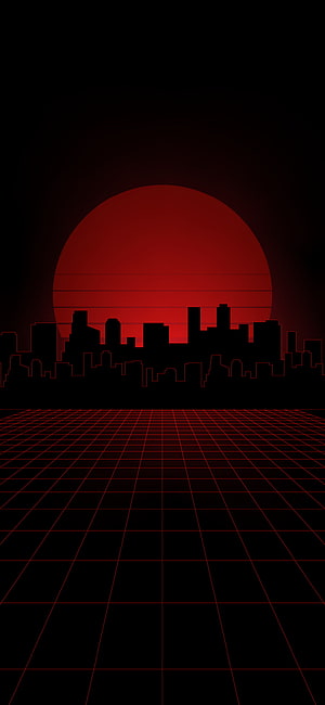 Red Synthwave Cityscape with Retro Grid Floor and Striped Sun HD phone wallpaper