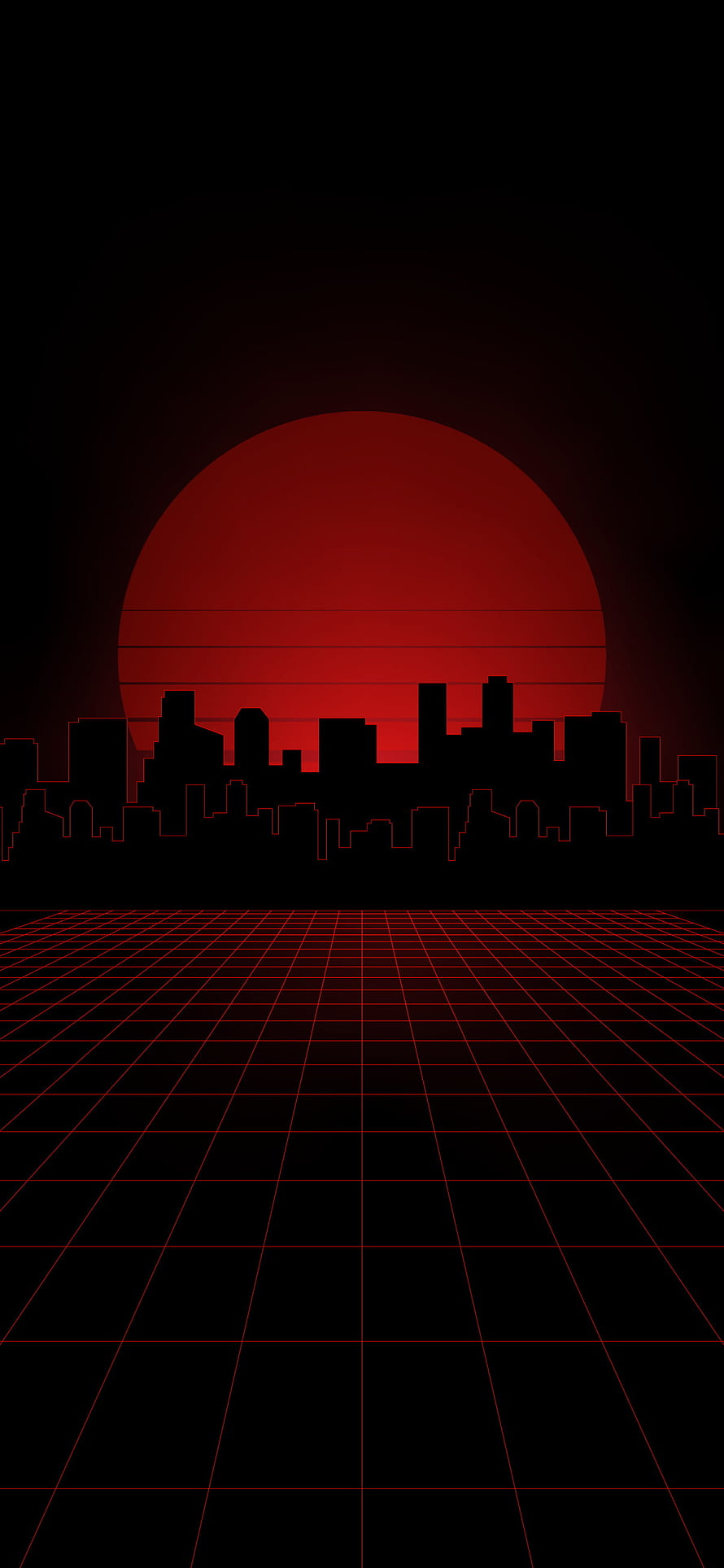 Red Synthwave Cityscape with Retro Grid Floor and Striped Sun HD phone wallpaper