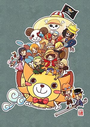 One Piece Chibi Crew Sticker Art with Luffy, Zoro, Nami, Usopp, Sanji, Chopper, Robin, Franky, Brook and Jinbe HD phone wallpaper