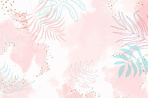 Pastel Pink Watercolor Background with Tropical Palm Leaves and Gold Splatter Accents HD wallpaper