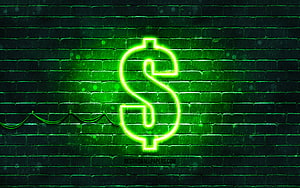 Glowing Green Neon Dollar Sign on Dark Brick Wall HD wallpaper
