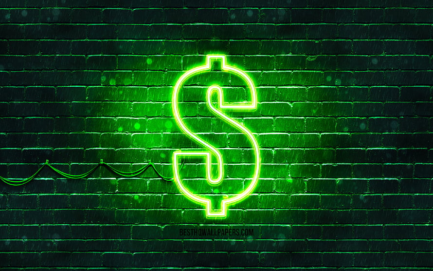 Glowing Green Neon Dollar Sign on Dark Brick Wall HD wallpaper
