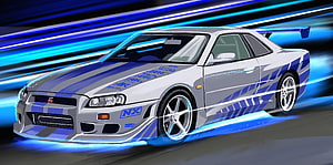 Silver Nissan Skyline R34 GT-R with Blue Racing Livery and Neon Speed Trails HD wallpaper