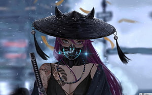 Oni Mask Samurai Girl in Snowy Night with Katana and Traditional Hat HD wallpaper