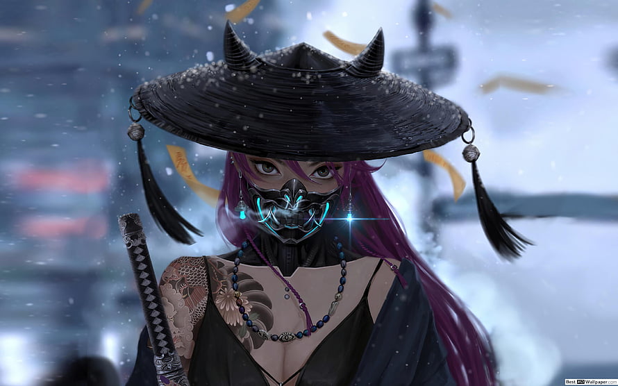 Oni Mask Samurai Girl in Snowy Night with Katana and Traditional Hat HD wallpaper